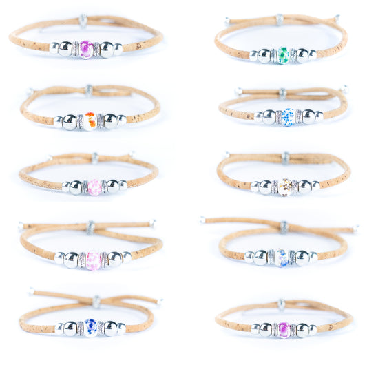 3mm Round Cork Bangle | Ceramic Beads & Alloy Fittings | Handmade, Adjustable | 10 Mixed Colors BR-502-MIX-10