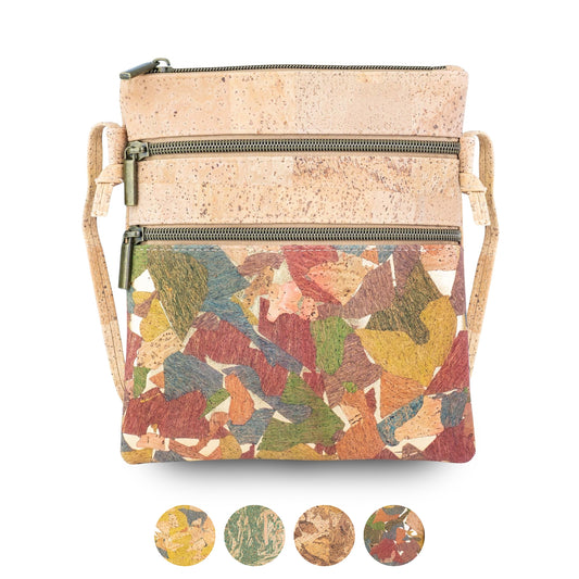 Natural Cork Double Zip Crossbody Bag for Women – Floral Print Vegan Shoulder Purse BAG-2401