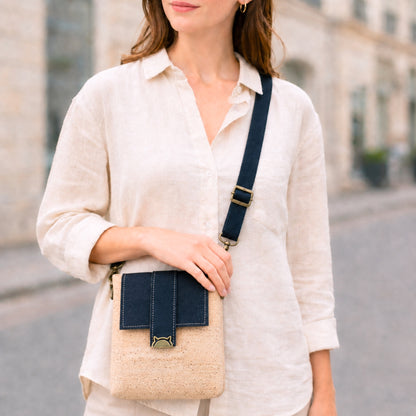 Natural Cork Crossbody Bag with Black Flap & Cat Clasp — BAGP-378-B