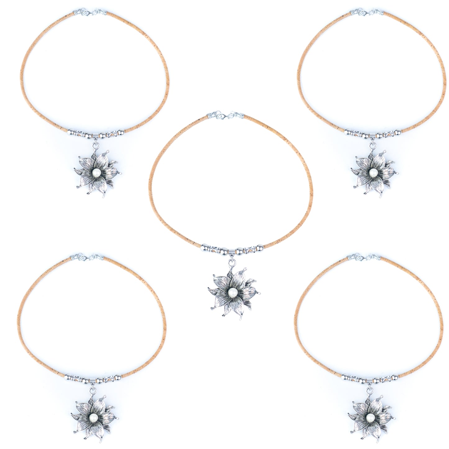 Natural Cork Flower Necklace with Pearl Accent – Handmade Portuguese Jewelry NE-1088-5