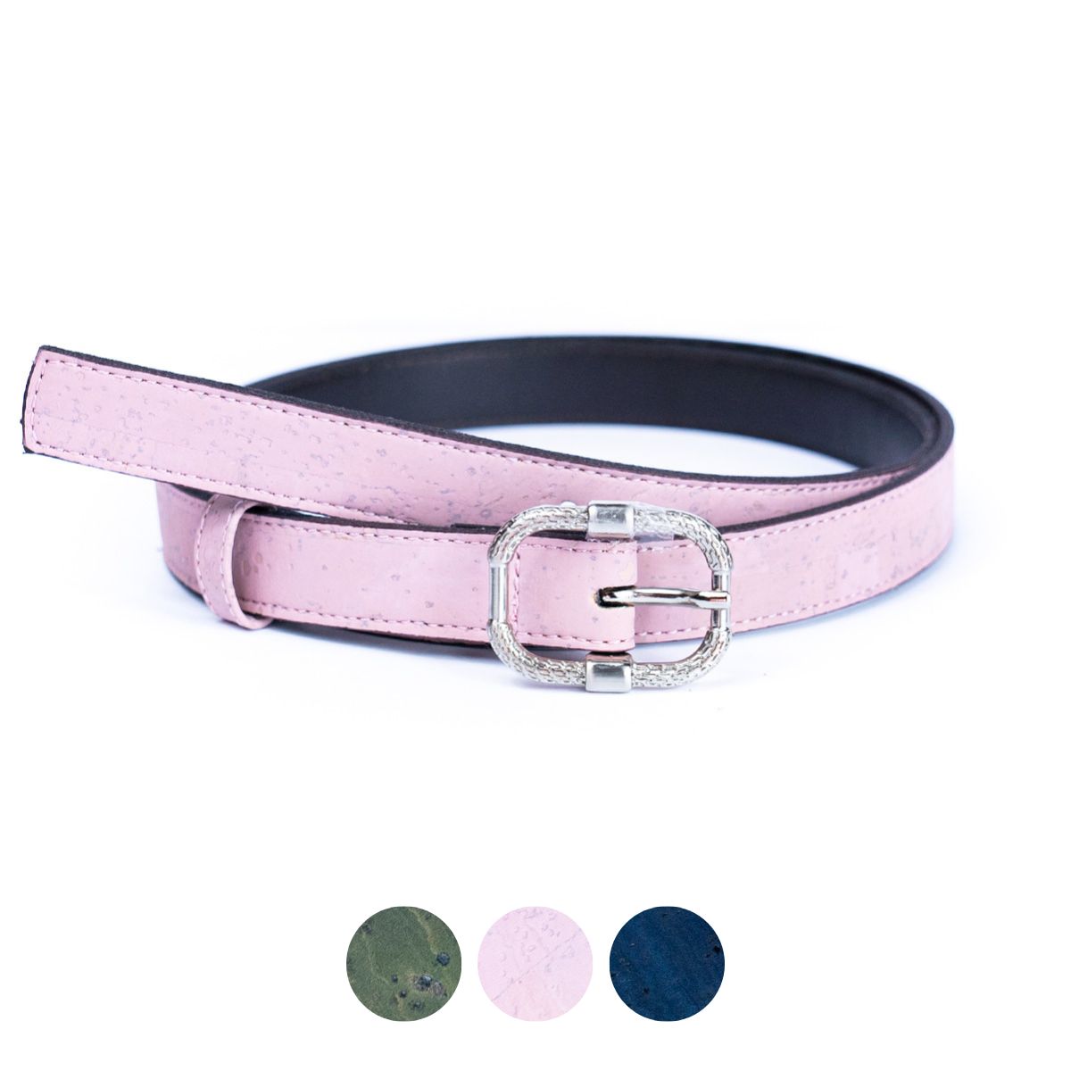Women’s Slim Cork Belt with Textured Silver Buckle L-1063