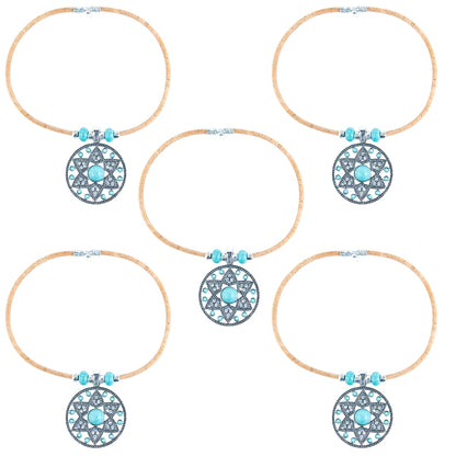 Natural 5mm round cork wire and turquoise beads and pendant handmade necklace NE-1044-5