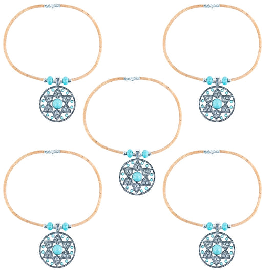 Natural 5mm round cork wire and turquoise beads and pendant handmade necklace NE-1044-5