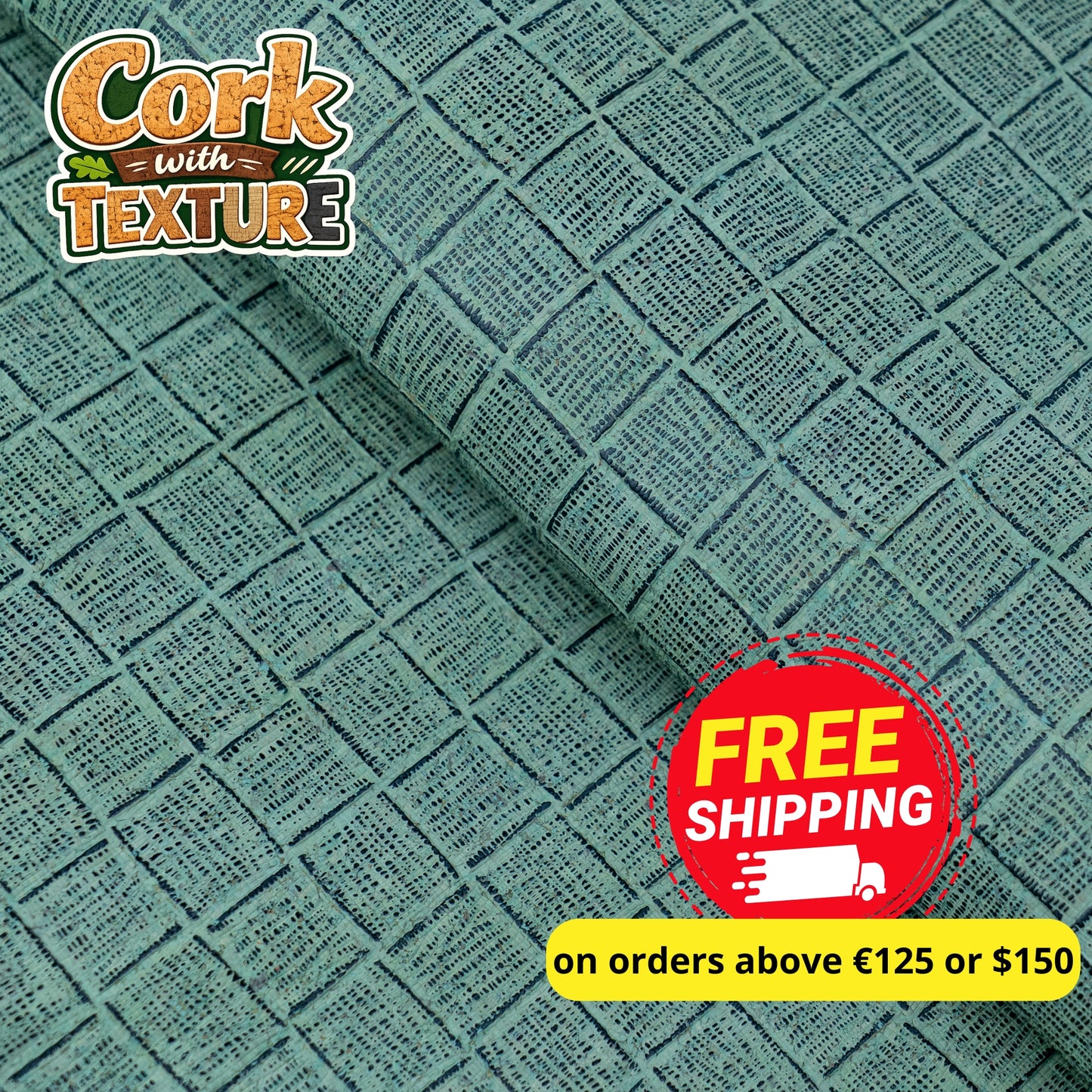 Embossed Square Pattern Cork Fabric – Aqua Green Textured