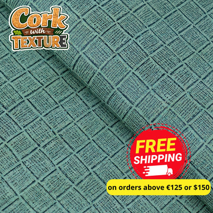 Embossed Square Pattern Cork Fabric – Aqua Green Textured