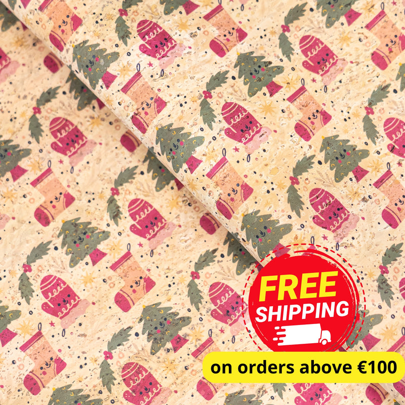 Holiday Special - Cozy Mittens, Stockings & Trees on Natural Cork Fabric COF-10