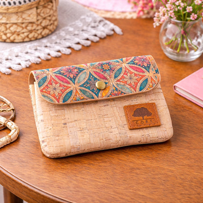 6-Pack Cork Wallet with PU Interior | Boho Print & Snap Closure – BAGD-634