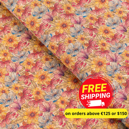Floral Cork Fabric with Hand-Drawn Effect COF-18