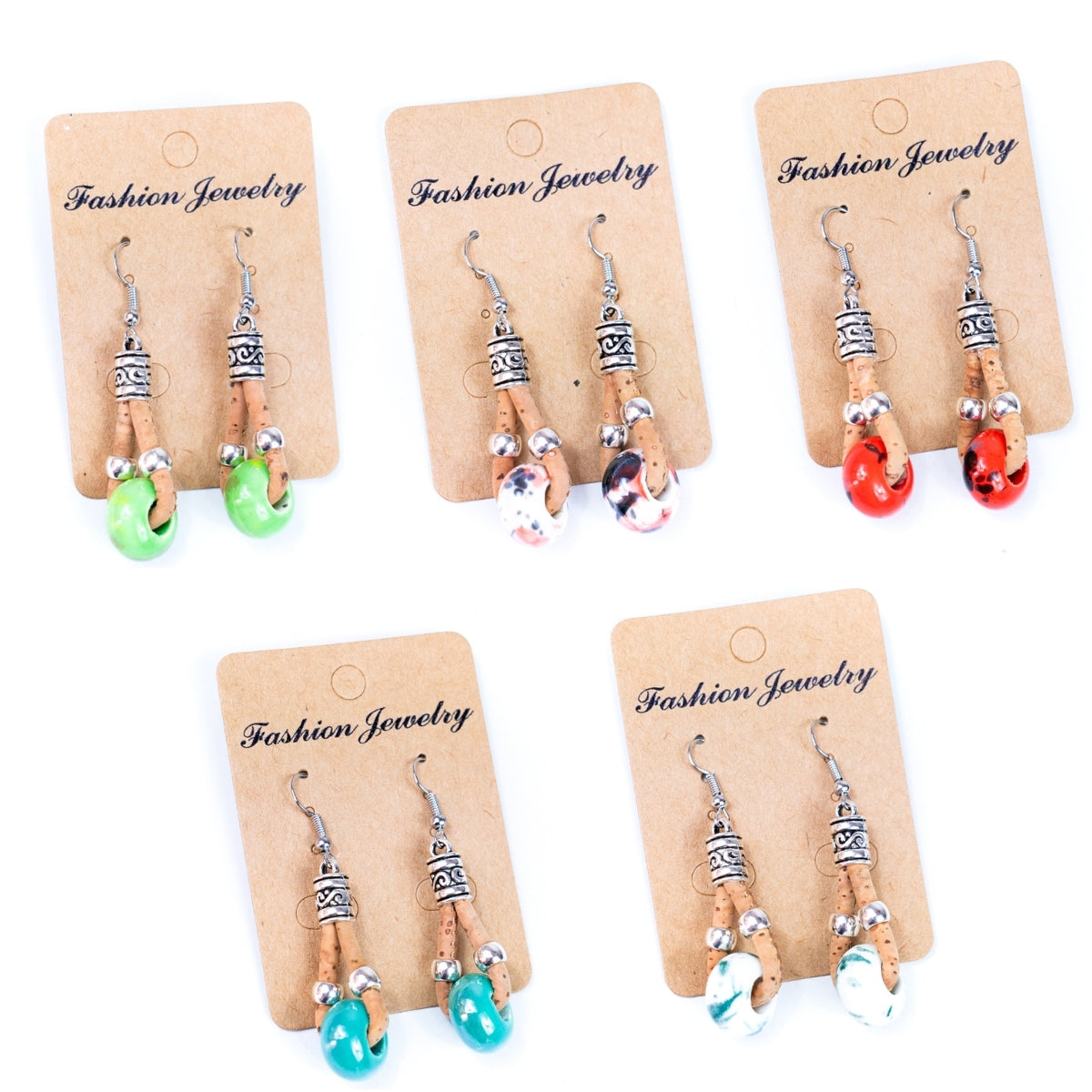 Natural cork and colorful ceramic beads handmade women's earrings-ER-151-MIX-5