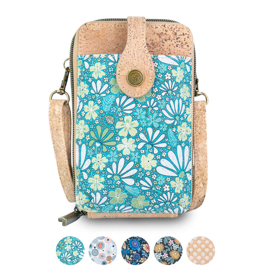Natural Cork Double Zip Phone Crossbody Bag for Women – Floral Print Vegan Crossbody Wallet BAGD-2402