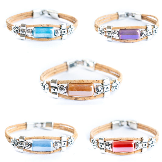 2mm Natural Cork with Ceramic Long Beads handmade bracelet   BR-478-MIX-5