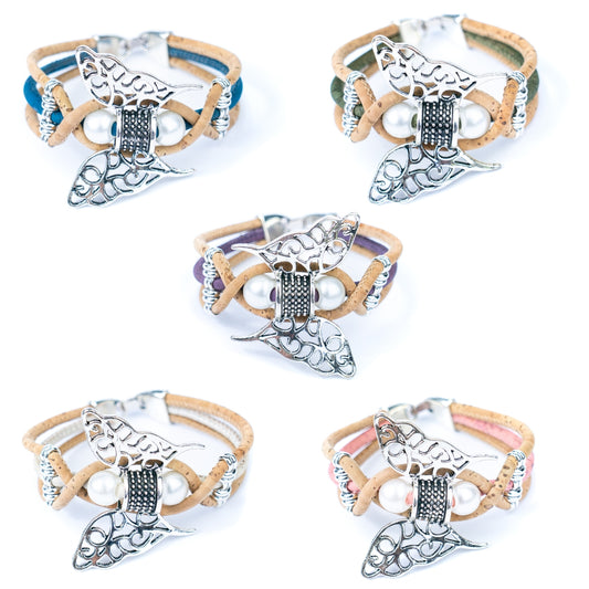Handmade Cork Bracelet with Filigree Butterfly and Pearl Beads BR-189-MIX-5