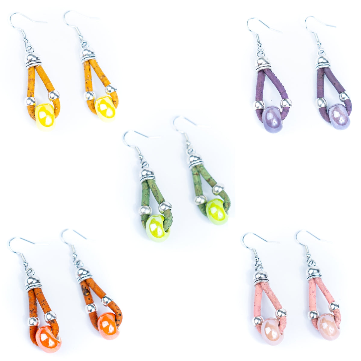 Natural cork cord and colorful ceramic beads handmade women's earrings -ER-140-MIX-5