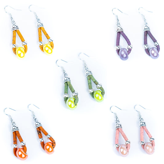 Natural cork cord and colorful ceramic beads handmade women's earrings -ER-140-MIX-5