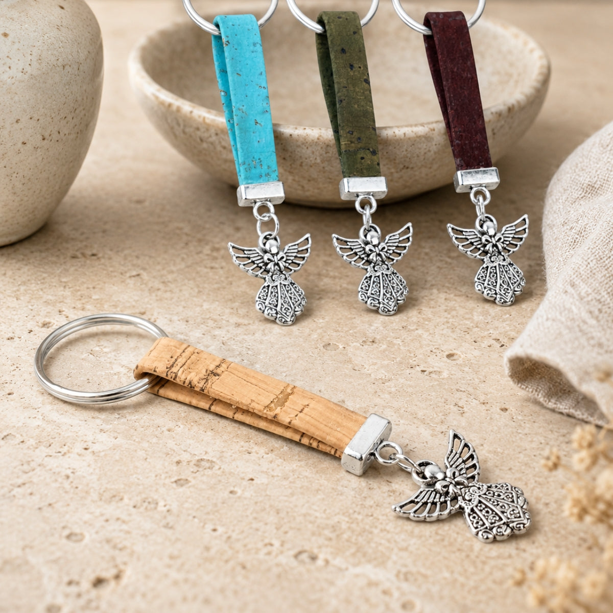 10mm Flat Cork Cord Angel Keychain – Assorted 10 Colors  I-077-MIX-10
