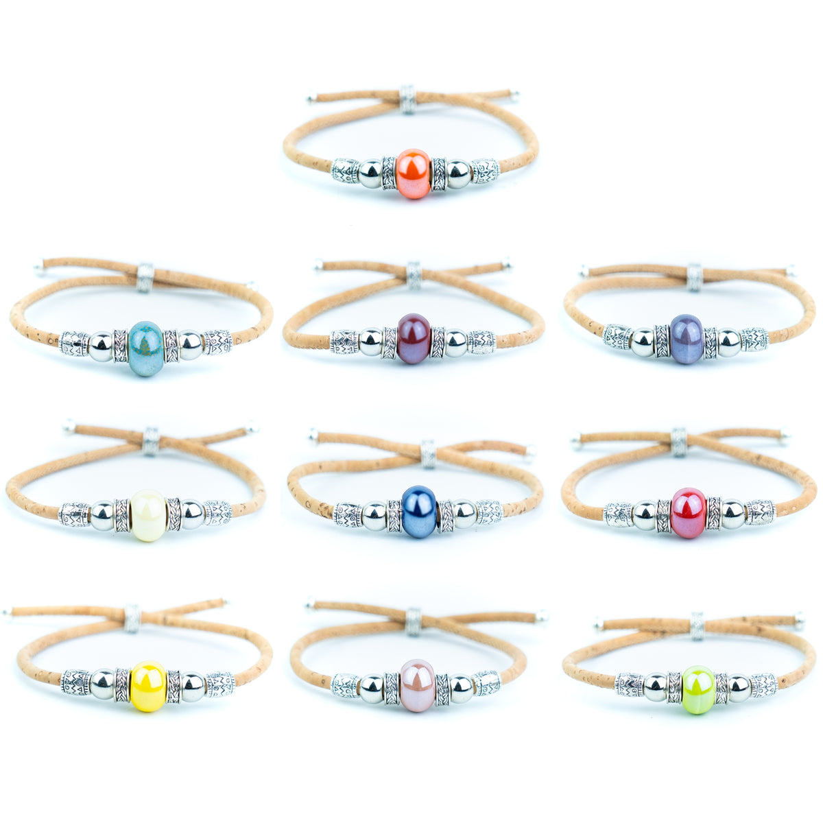 Portuguese Handmade Natural Cork Bracelet with Colorful Beads .BRW-024-MIX-10