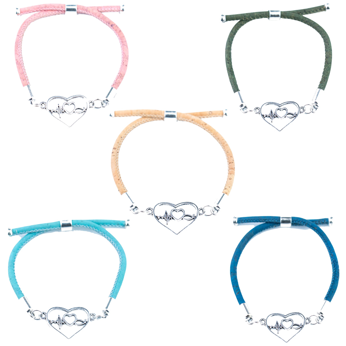 Natural Cork Heartbeat &amp; Infinity Bracelet – Set of 5 Colors  DBR-072-MIX-5