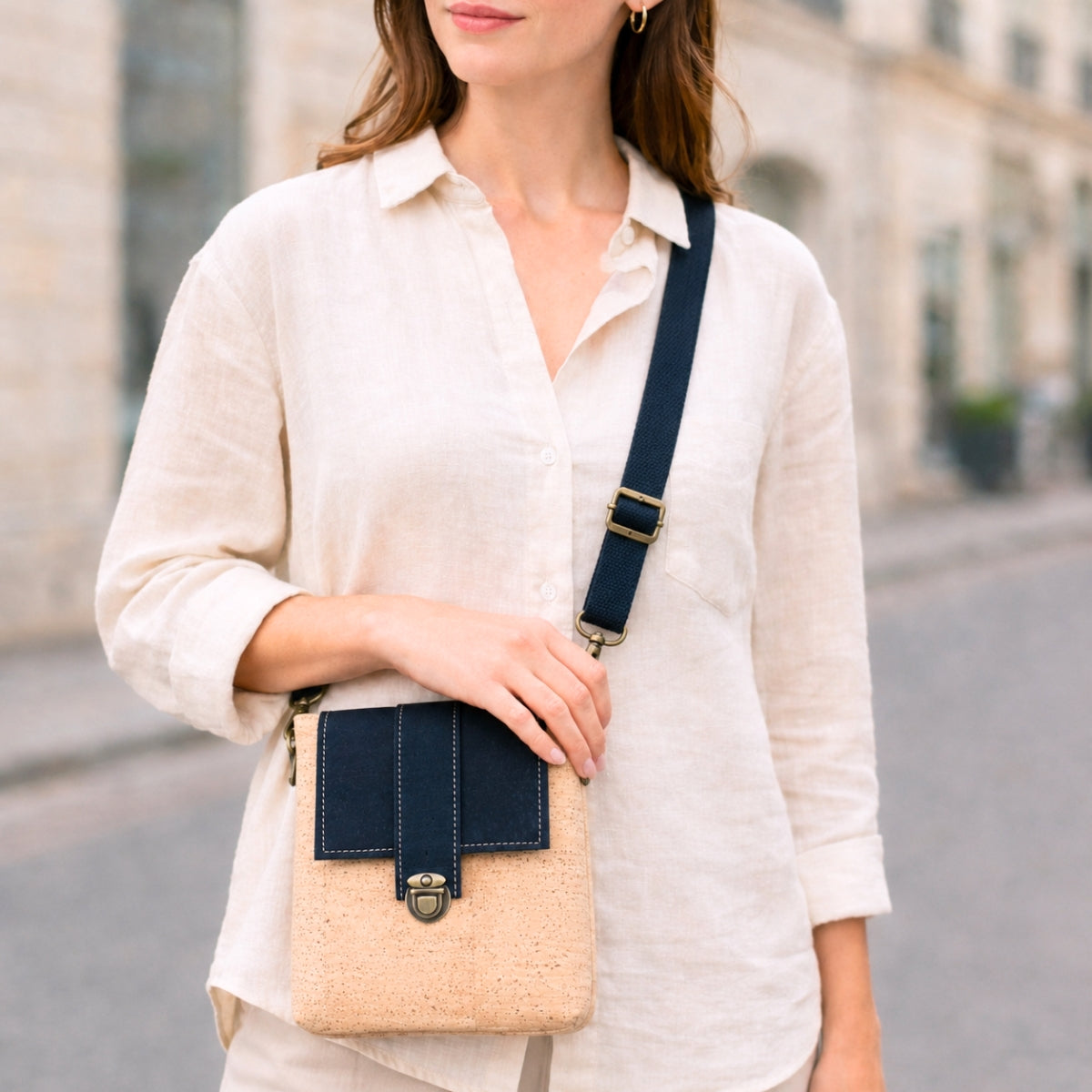 Natural Cork Crossbody Bag with Black Flap & Turn-Lock Closure — BAGP-379
