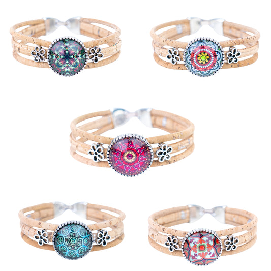 Portuguese handmade cork bracelet | Round colorful patterned ornament | Multi-strand cork design | Alloy fittingsBR-444-MIX-5-random