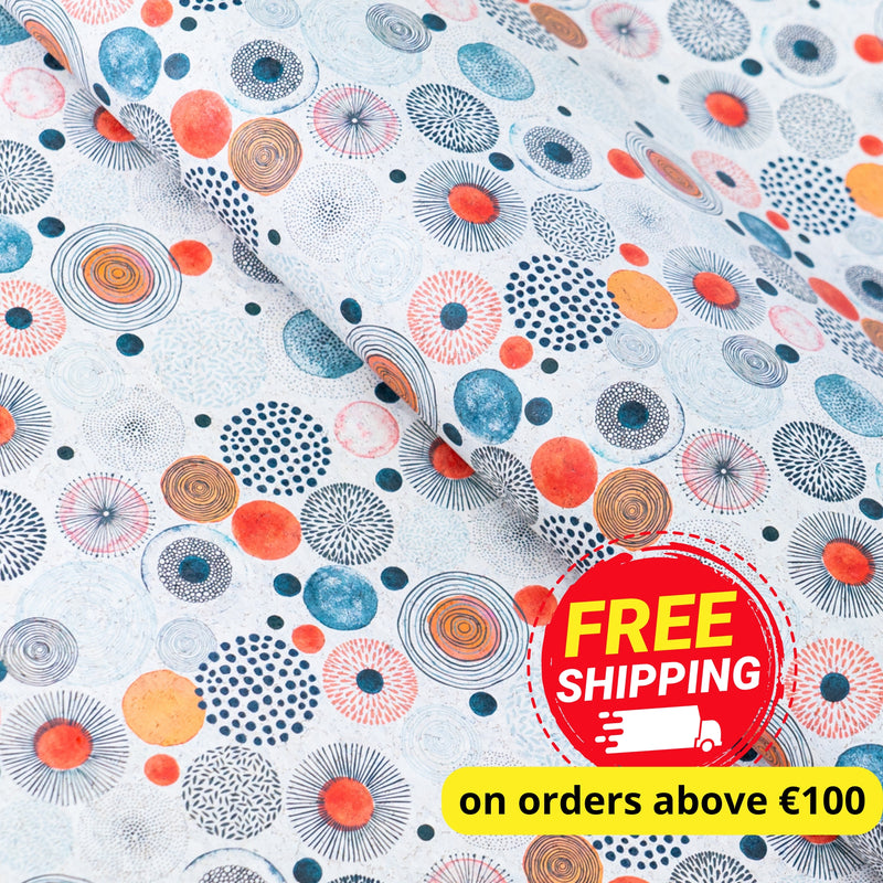 Vibrant Printed Cork Fabric with Artistic Circular Motif Design COF-568