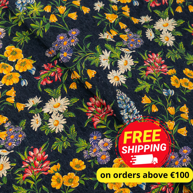 Black Cork Fabric with Multicolor Floral Print COF-670