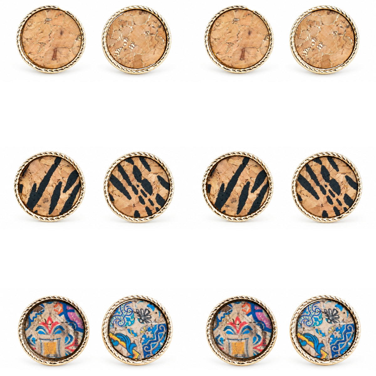 Natural Cork Round Stud Earrings Set – 6 Pairs-ER-216-MIX-6