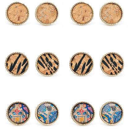 Natural Cork Round Stud Earrings Set – 6 Pairs-ER-216-MIX-6