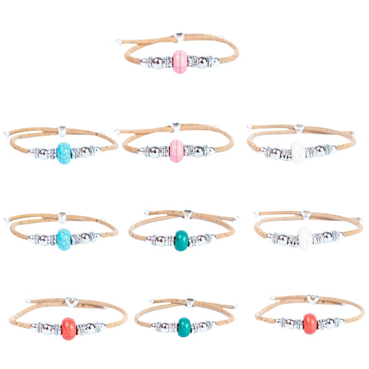 Natural cork thread and colorful turquoise beads handmade women's bracelet DBR-050-MIX-10