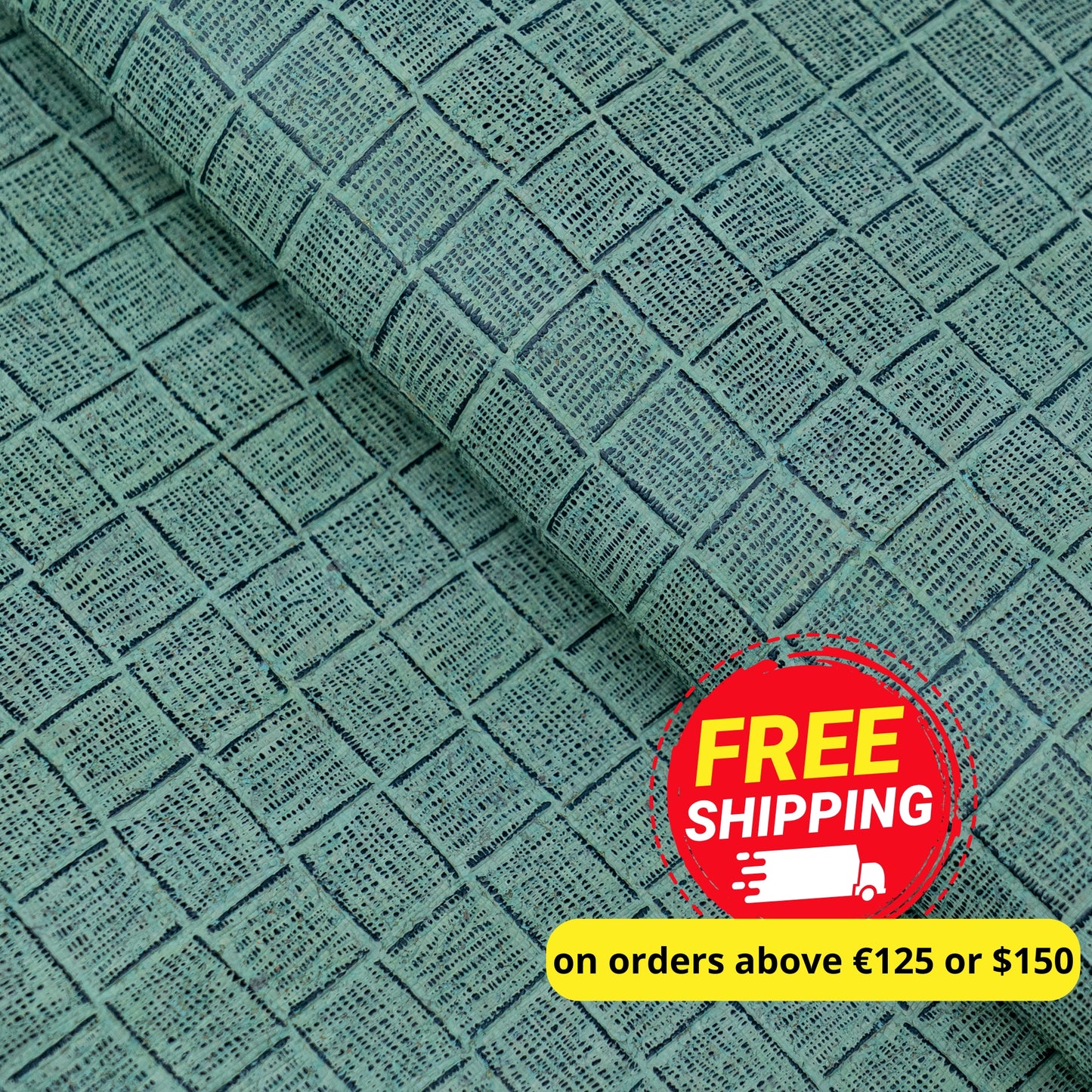 Embossed Square Pattern Cork Fabric – Aqua Green Textured