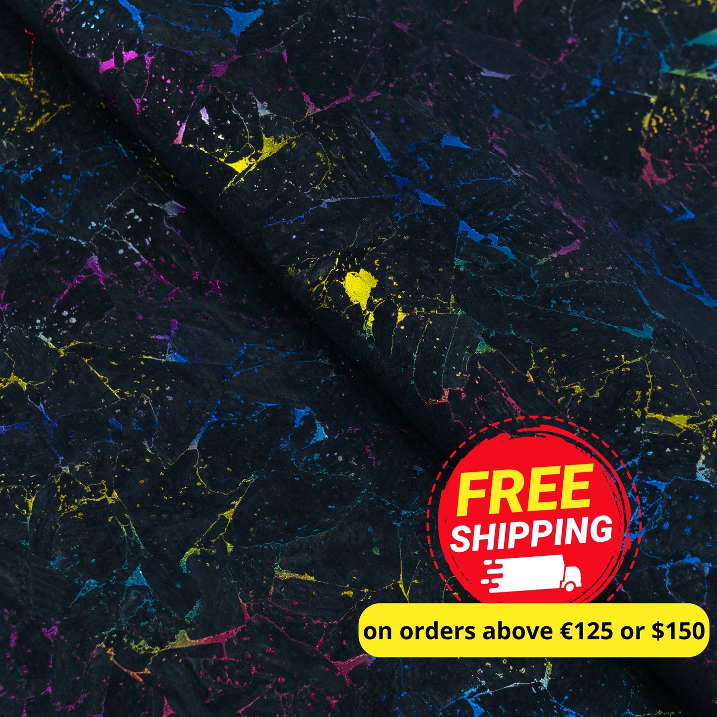Black Cork Fabric with Multicolor Abstract Splatter Pattern COF-684