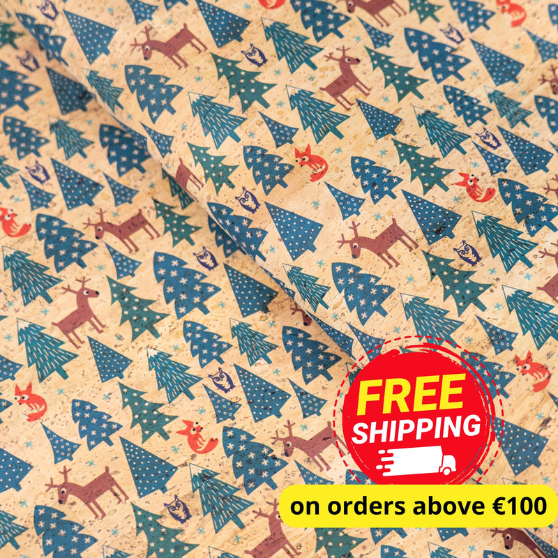 Holiday Special - Reindeer, Foxes & Snowy Trees on Natural Cork Fabric COF-13