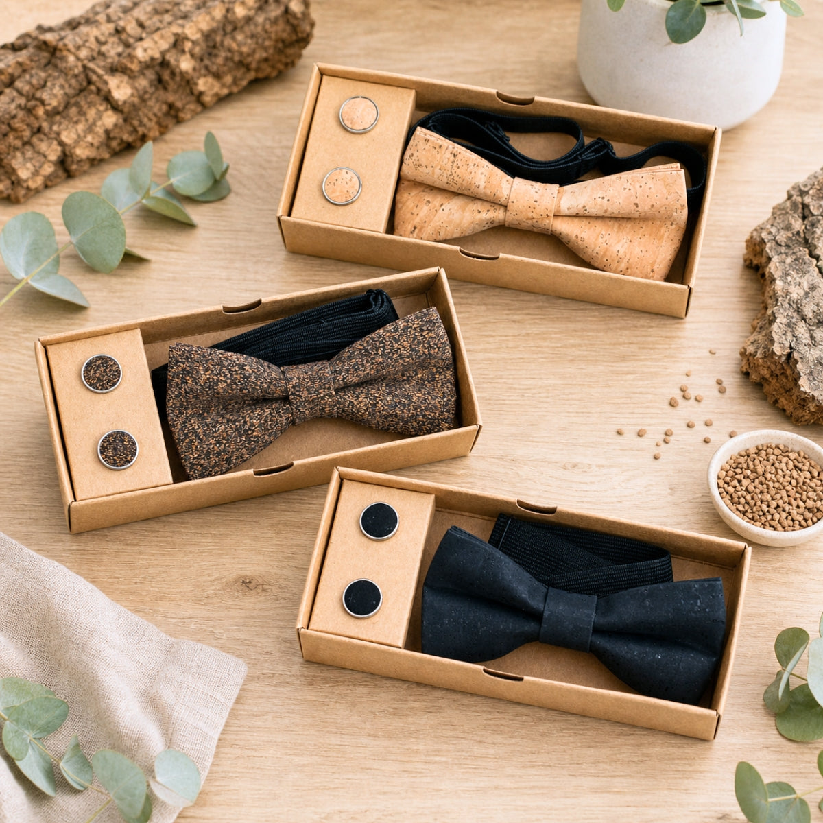 Cork Bow Tie and Cufflink Set L-015