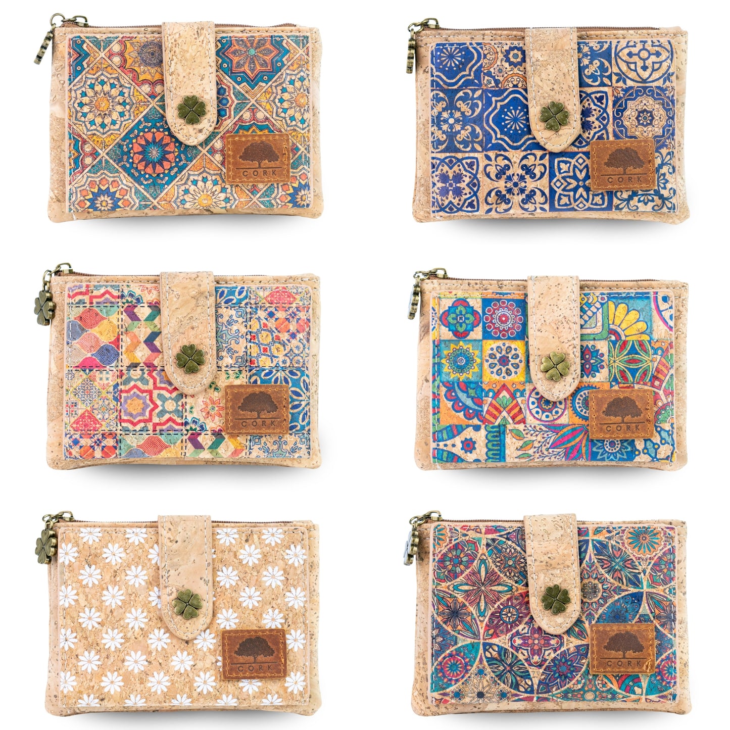 Pack of 6 Printed Cork Wallets with Zip Coin Pocket BAGD-664-MIX-6