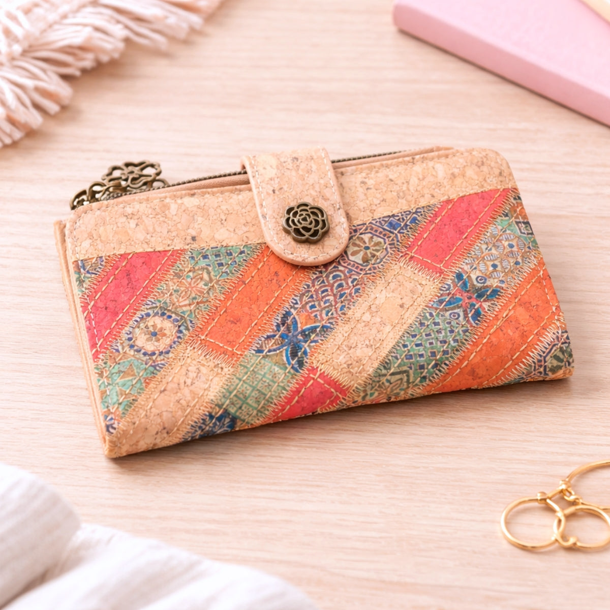 7-Pack Patchwork Cork Wallet | Boho Print, Zip & Snap Closure – BAGD-635