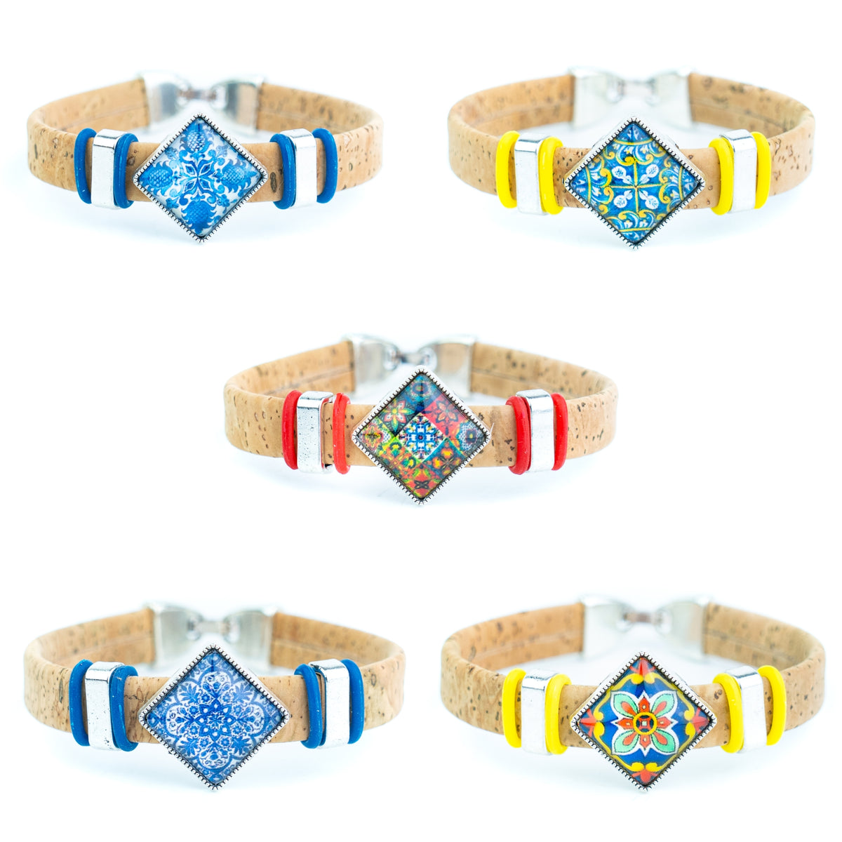 Portuguese Handmade 10mm Flat Cork Bracelet with Colorful Pattern – Pack of 5pcs- DBR-052-MIX-5