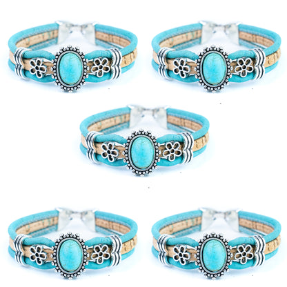 Portuguese Handmade Cork Bracelet with Turquoise Stone &amp; Floral Alloy Charms DBR-047-5