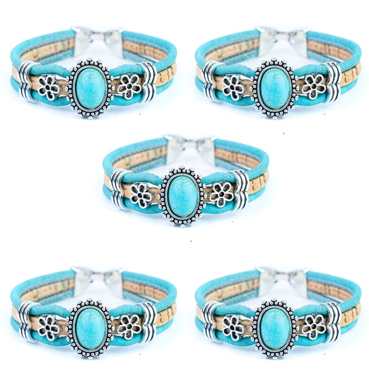 Portuguese Handmade Cork Bracelet with Turquoise Stone &amp; Floral Alloy Charms DBR-047-5