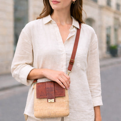 Natural Cork Crossbody Bag with Flap Closure — BAGP-380-C