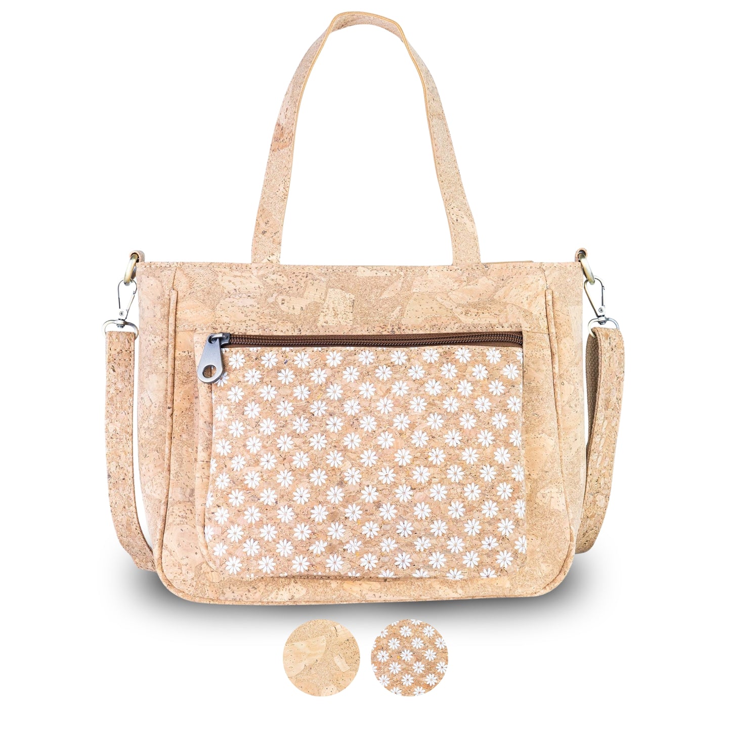 Natural Cork Handbag with Floral Pocket and Detachable Strap BAGD-641