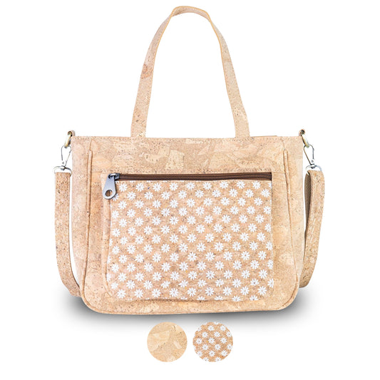 Natural Cork Handbag with Floral Pocket and Detachable Strap BAGD-641