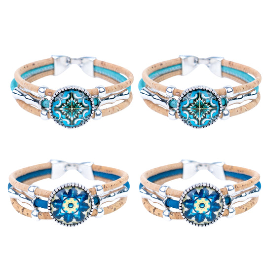 Portuguese handmade cork bracelet | Round colorful patterned ornament | Multi-strand cork design | Alloy fittingsBR-498-MIX-5-random