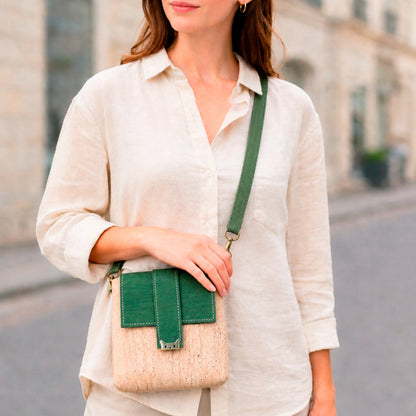 Natural Cork Crossbody Bag with Green Flap & Cat Clasp — BAGP-376