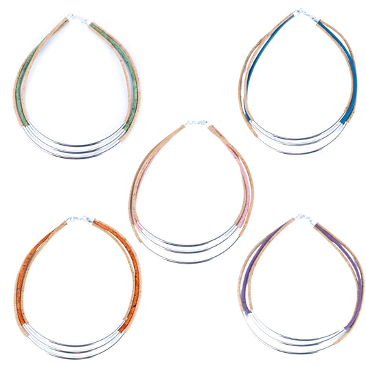 Three Cork Cord and Tube Fittings Handmade Women's Necklace NE-1048-MIX-5