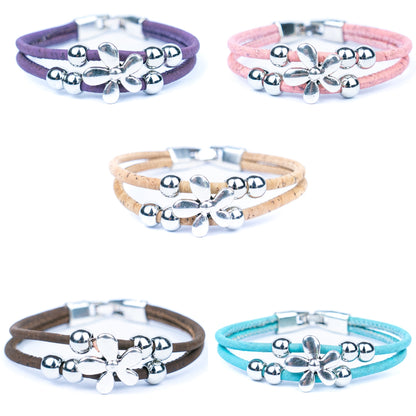 Natural cork cord Handmade Cork Bracelet with Alloy Flowers BR-423-MIX-5