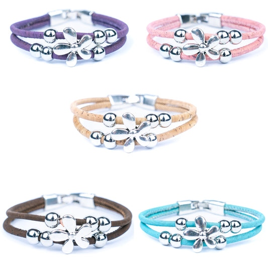 Natural cork cord Handmade Cork Bracelet with Alloy Flowers BR-423-MIX-5