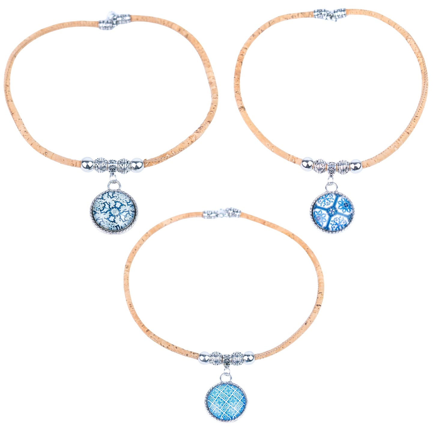 Portuguese Handmade Cork Necklace | Round Colored Pattern Applique | Natural Cork Thread N-98-MIX-3-RANDOM