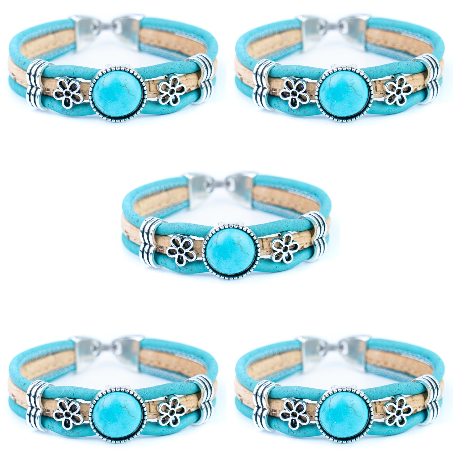 Portuguese Handmade Cork Bracelet with Turquoise Stone &amp; Floral Alloy Charms DBR-060-5