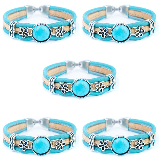 Portuguese Handmade Cork Bracelet with Turquoise Stone &amp; Floral Alloy Charms DBR-060-5