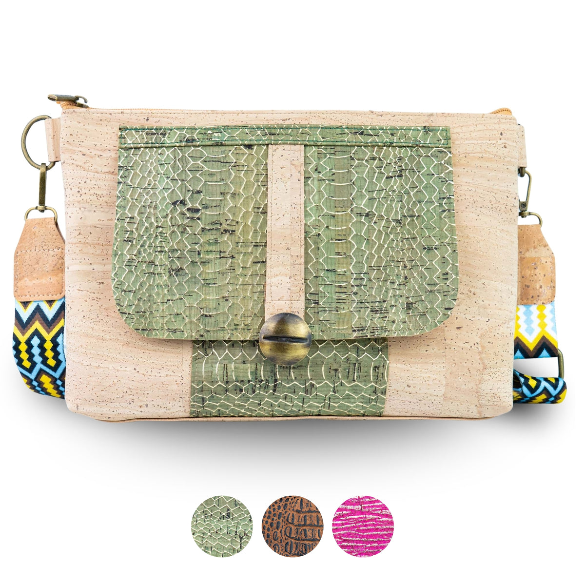 Cork Crossbody Bag with Patterned Flap and Wide Strap BAGP-398