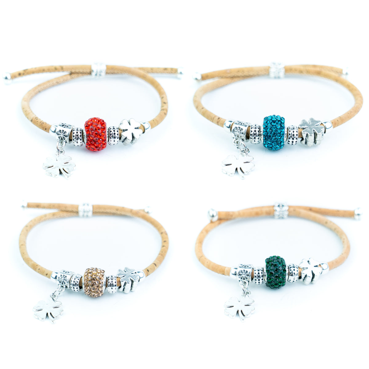 Portuguese Handmade Natural Cork Bracelet with Rhinestone Bead &amp; Four-Leaf Clover Charms– Pack of 4-DBR-062-MIX-4
